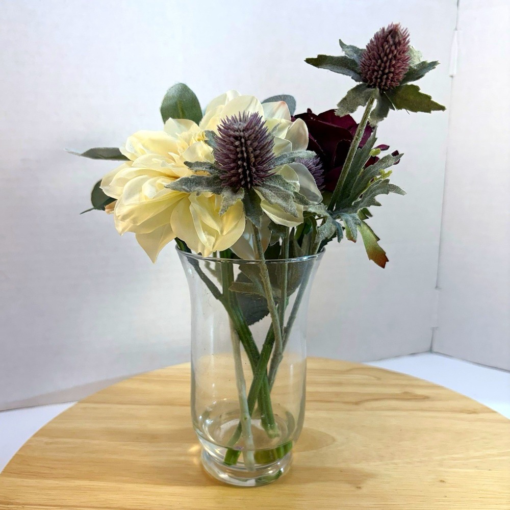 Artificial Fabric Mixed Flowers Bundle Cream Bloom & Burgundy Rose Glass Vase